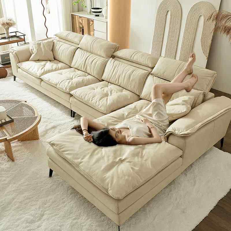 奶油风免洗科技布羽绒沙发可拆洗超宽坐深懒人贵妃客厅直排沙发木