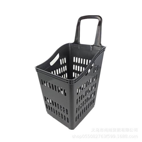 商场便利店四轮塑料拉杆篮超市大号购物篮高背板拉杆带轮塑料篮子
