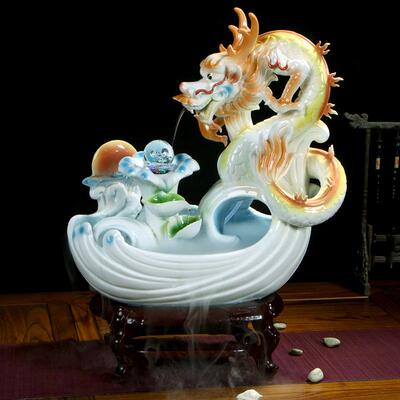 景陶白瓷瓷龙办流水LZS器室内水流水喷泉客厅鱼缸摆件加湿器公室