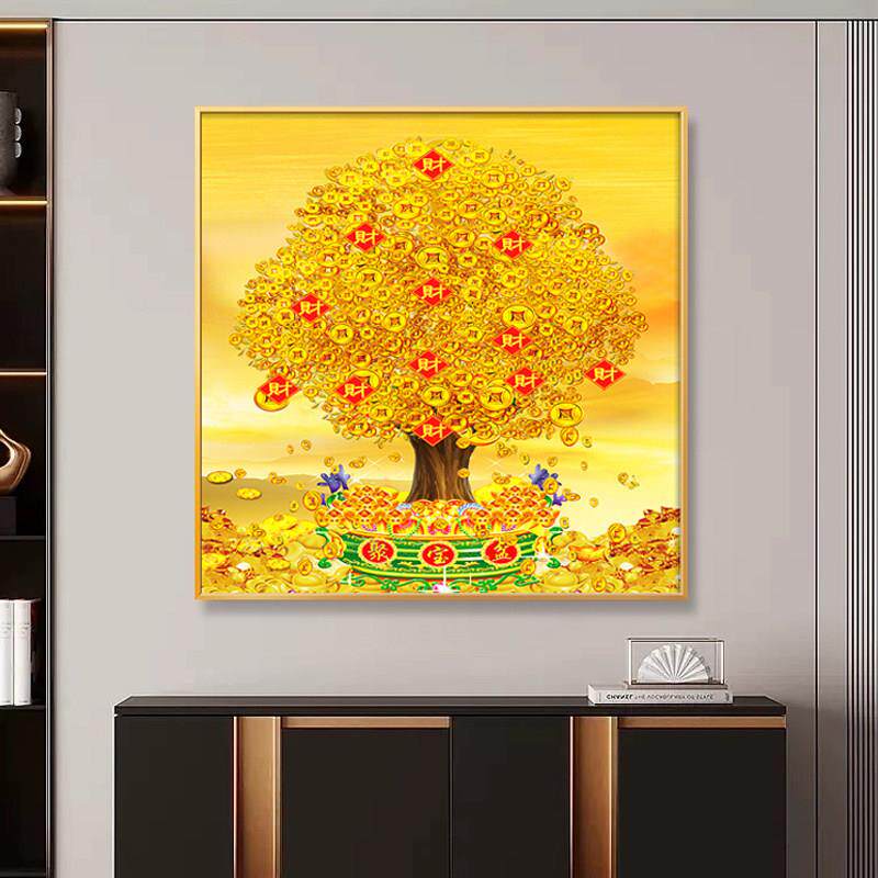 新中式聚宝盆正方形装饰画 画发财树玄关客厅走廊装饰挂画 画挂墙