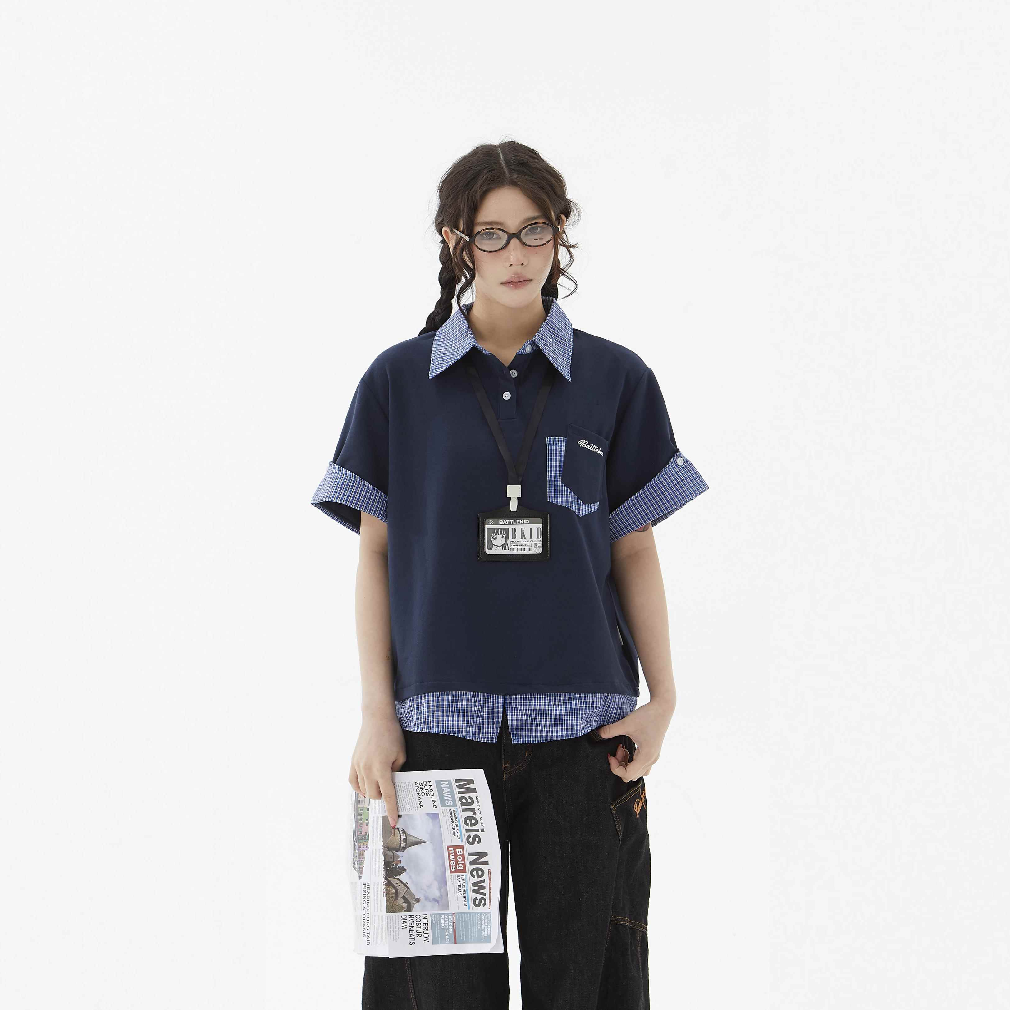 【零碎岛屿】美式假两件挂牌格子拼接学院风polo衬衫短恤女夏上衣