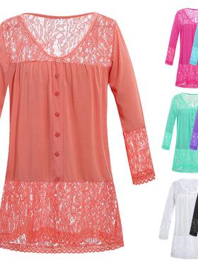 Lace patchwork collar seven quarter sleeve T-shirt top for