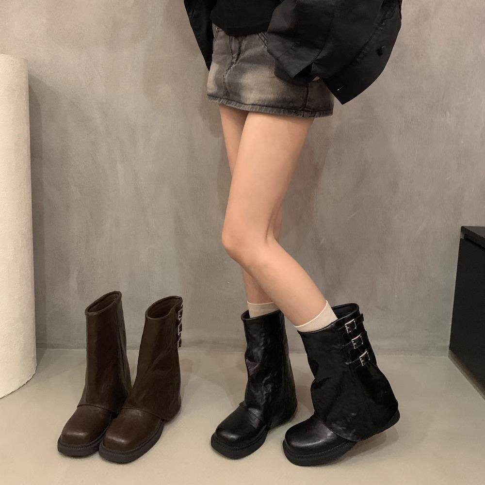 棕色覆古短直筒裤管靴西部牛仔靴骑行靴早秋新款粗跟女靴子法式短