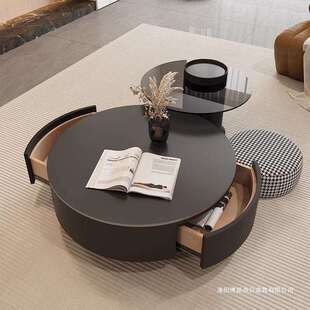 极简岩板组合茶几小户型简约现代轻奢高级感圆形客厅家用黑色网红