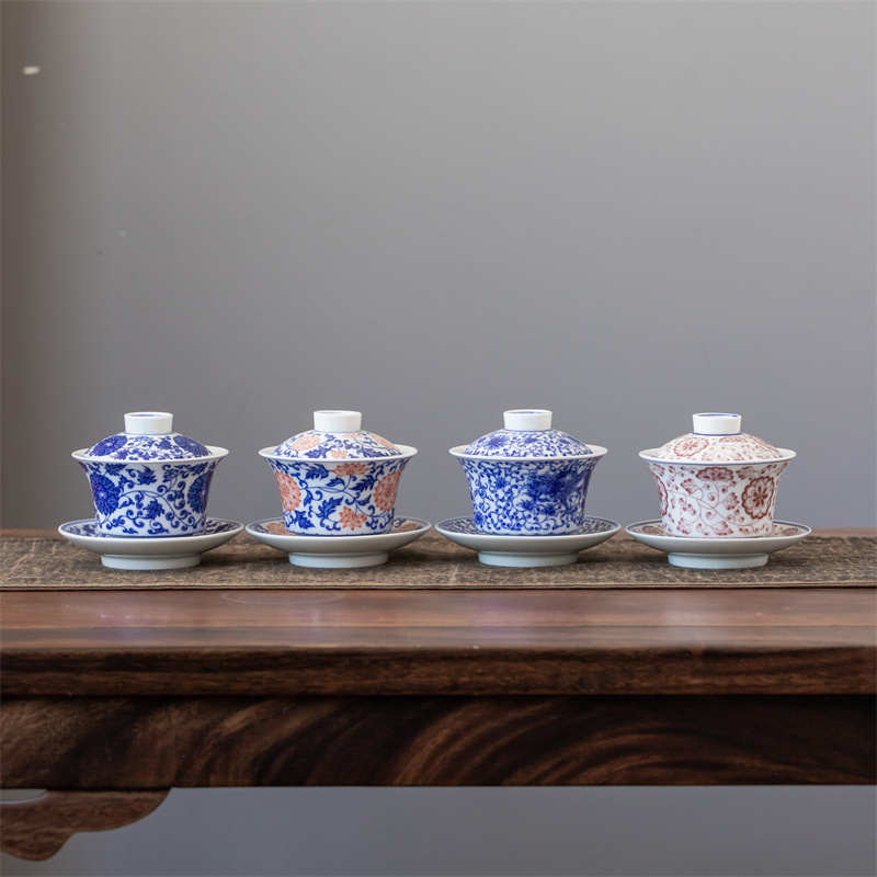 青花盖碗茶杯茶碗大号茶具泡茶碗青花釉里红功夫三才碗单个敬茶杯