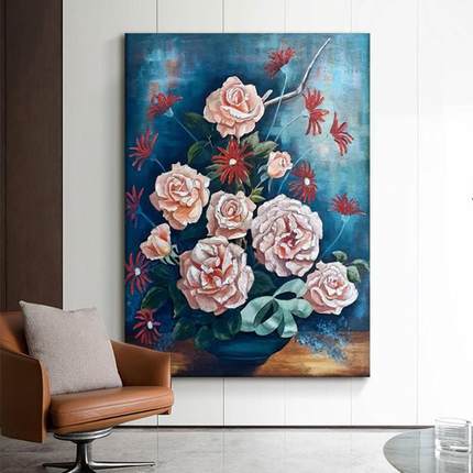 现代简约牡丹花手绘油画客厅装饰画抽象粉色花卉肌理画玄关挂壁画