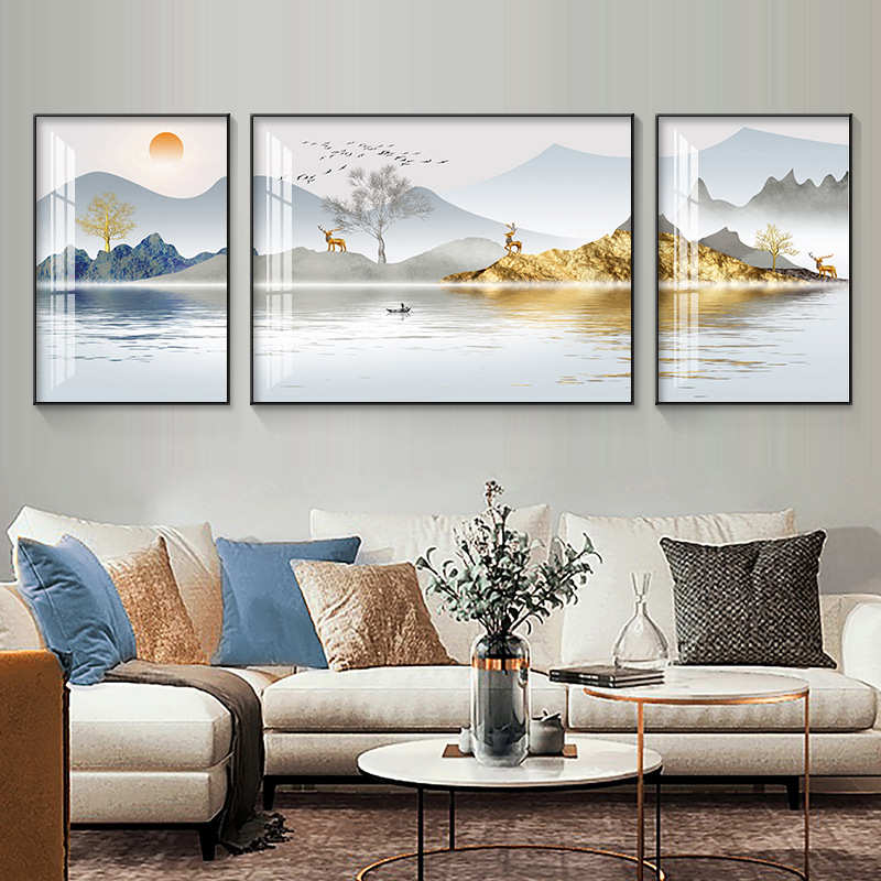 三联画客厅装饰画 轻奢现代新中式山水挂画 沙发背景墙壁画晶瓷画
