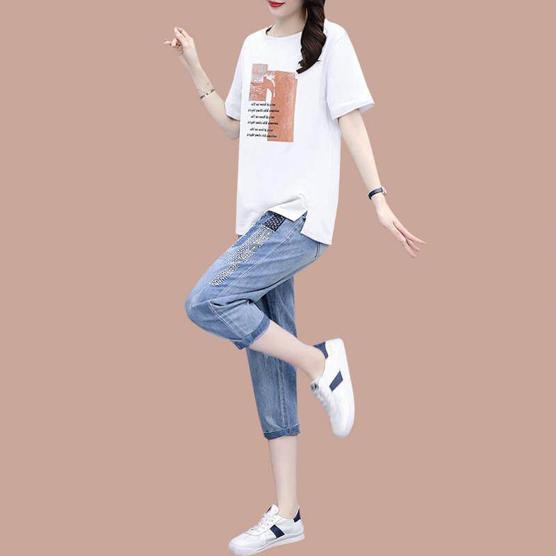 休闲 时尚套装女夏季2025年新款大尺码洋派短袖T恤七分牛仔裤两件