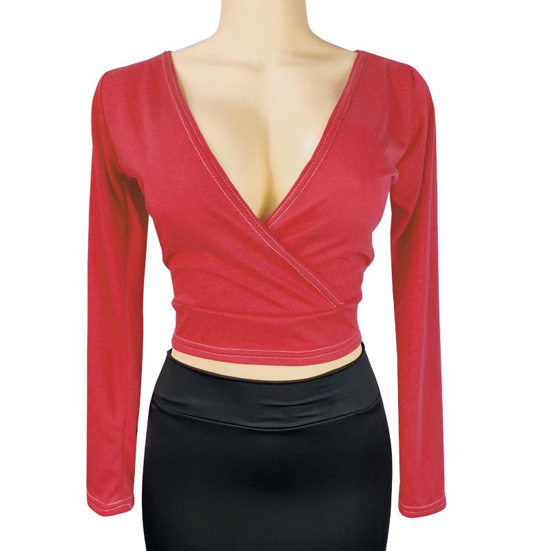 Solid color deep V-neck long-sleeved short sexy tight
