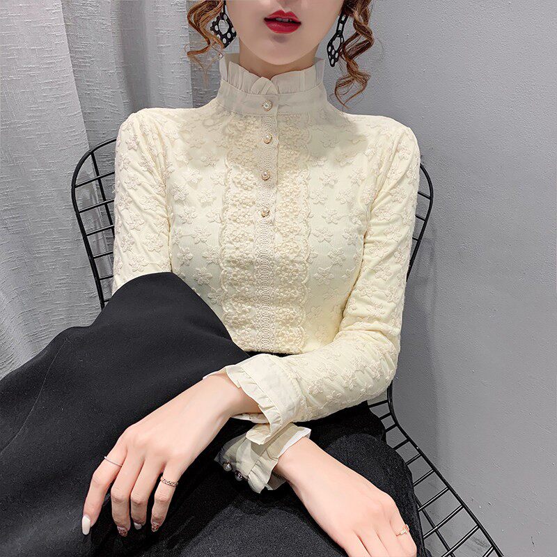 蕾丝打底衫女秋冬洋气2025新款时尚半高领加绒加厚长袖T恤上衣潮