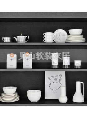 简约现代展厅样板间厨房橱柜碗碟套装咖啡杯碟储物罐软装饰品摆件