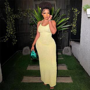 吊带露背性气质辣妹纯色爆米花连衣裙 新款 跨境欧美风2025春季 女装