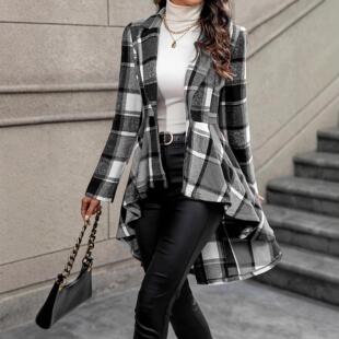 Women's Plaid Print Button High Low Hem Jacket Coats, Casual