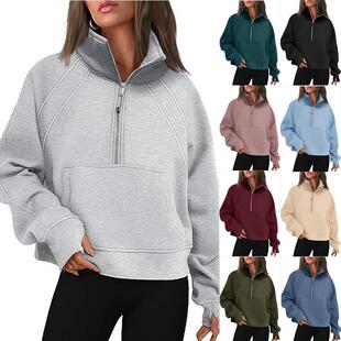 Womens Sweatshirts Half Zipper Crop Pullover Funnel Neck
