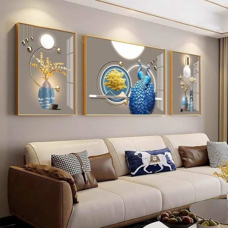 现代轻奢三联画沙发背景墙挂画孔雀客厅装饰画富贵平安简约风壁画