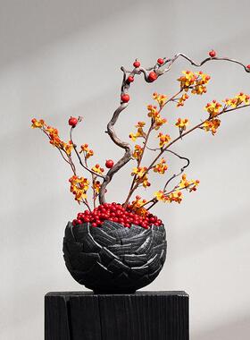 匠十三 新中式异型陶盆装饰品仿真花艺红色浆果盆景绿植软装摆设