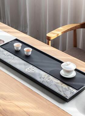 天然乌金国画石茶盘家用轻奢现代简约茶台镶嵌国画整石干湿泡茶海