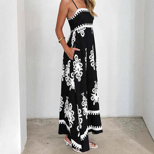 Womens Ethnic Pattern Pocket Cami Dress Boho Casual Comfy