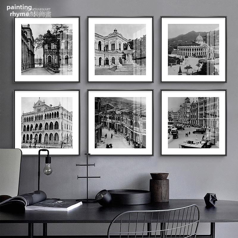 老上海现代简约黑白覆古照片装饰画怀旧街景挂画有框画高端晶瓷画