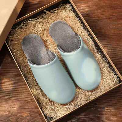 拖鞋高端男士日式静音秋冬季棉五级家居室内防滑防水皮0913b