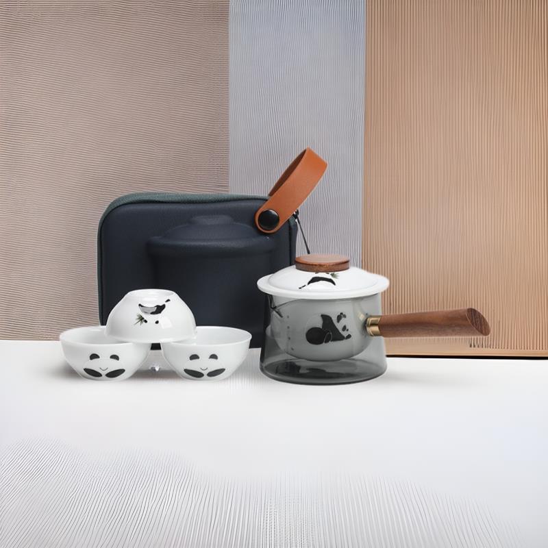 玻璃旅行茶具套装手绘熊猫陶瓷快客杯一壶三杯户外便捷随身泡茶杯