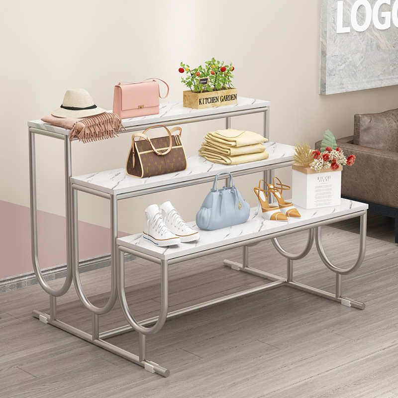 商场高中低三层置物架鞋店包包流水台服装店轻奢铁艺落地展示货架