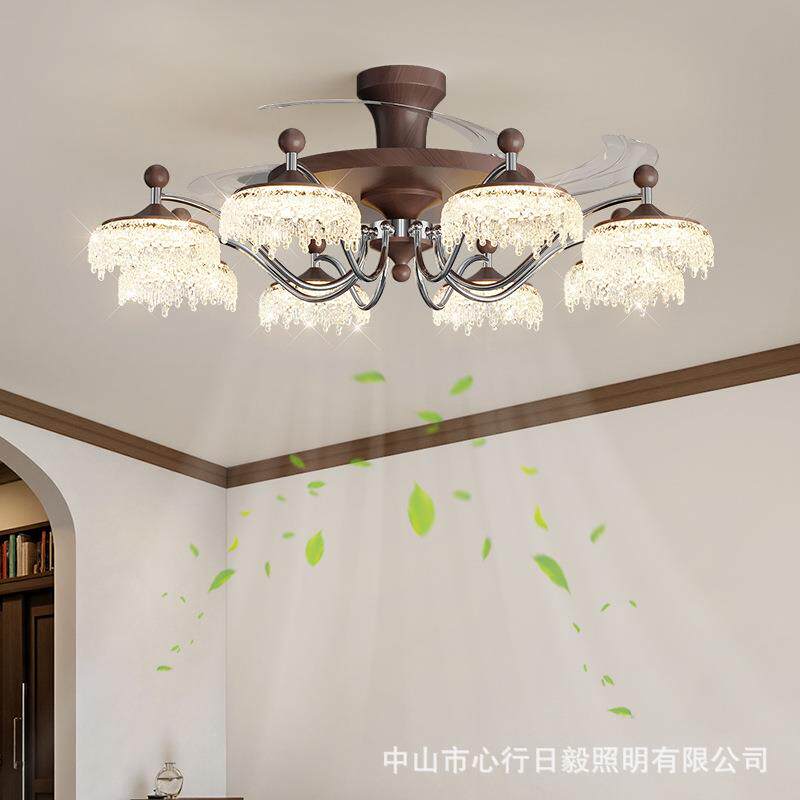 法式中古风客厅风扇灯2026新款水晶水滴餐厅吊灯主卧室书房吸顶灯