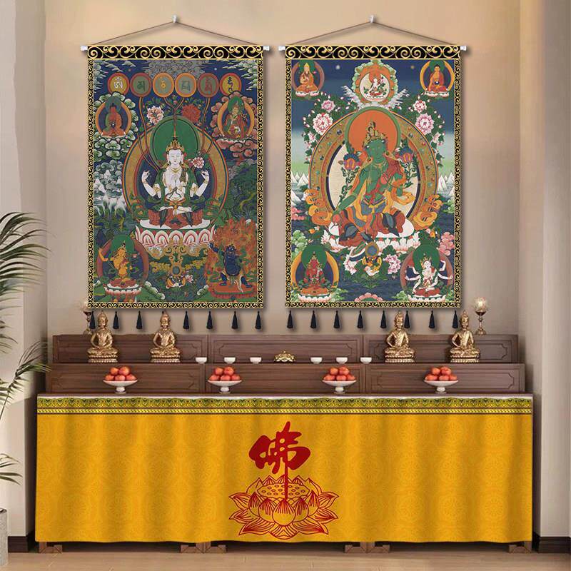 藏式唐卡挂画布艺挂毯装饰画竖版壁画墙布玄关过道挂布背景布定制