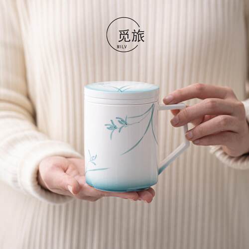 手绘陶瓷马克杯办公室泡茶杯带过滤高颜值带杯盖喝水杯子中式茶杯