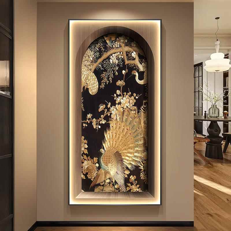 南洋复古风孔雀玄关装饰画花鸟走廊过道挂画客厅入户竖版带灯壁画图片