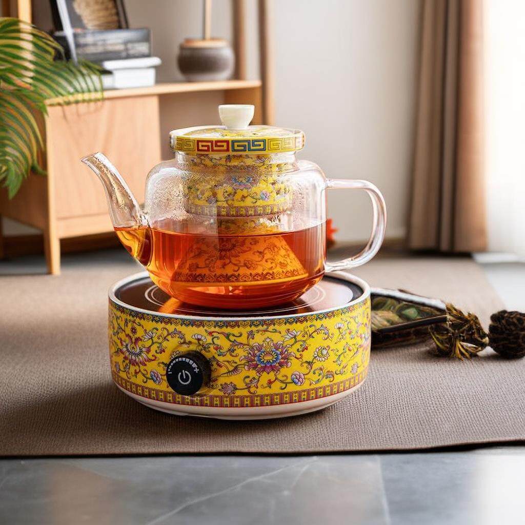 珐瑯彩玻璃煮茶器套装家用送礼茶具蒸煮茶壶陶瓷黑晶炉耐热蒸汽壶