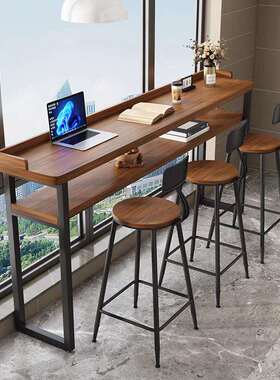 阳台家用吧台桌双层实木挡板靠窗靠墙窄桌长条高低脚长桌子高脚桌