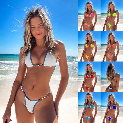 Womens Contrast Binding Chain & Faux Pearls Decor Bikini For