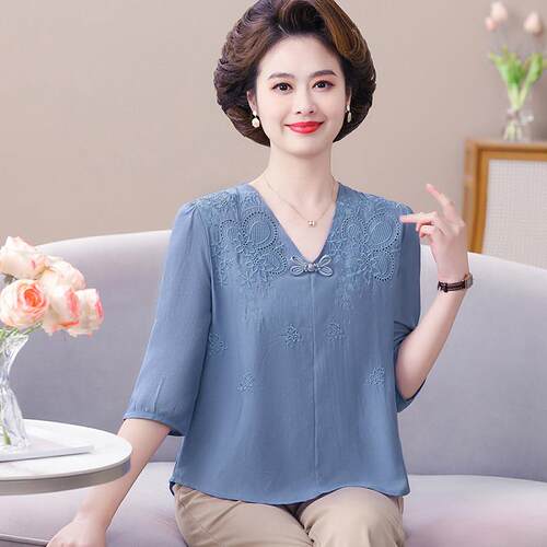 【桑蚕丝100%】洋气中年妈妈夏装T恤女半袖真丝纯色上衣薄两件套