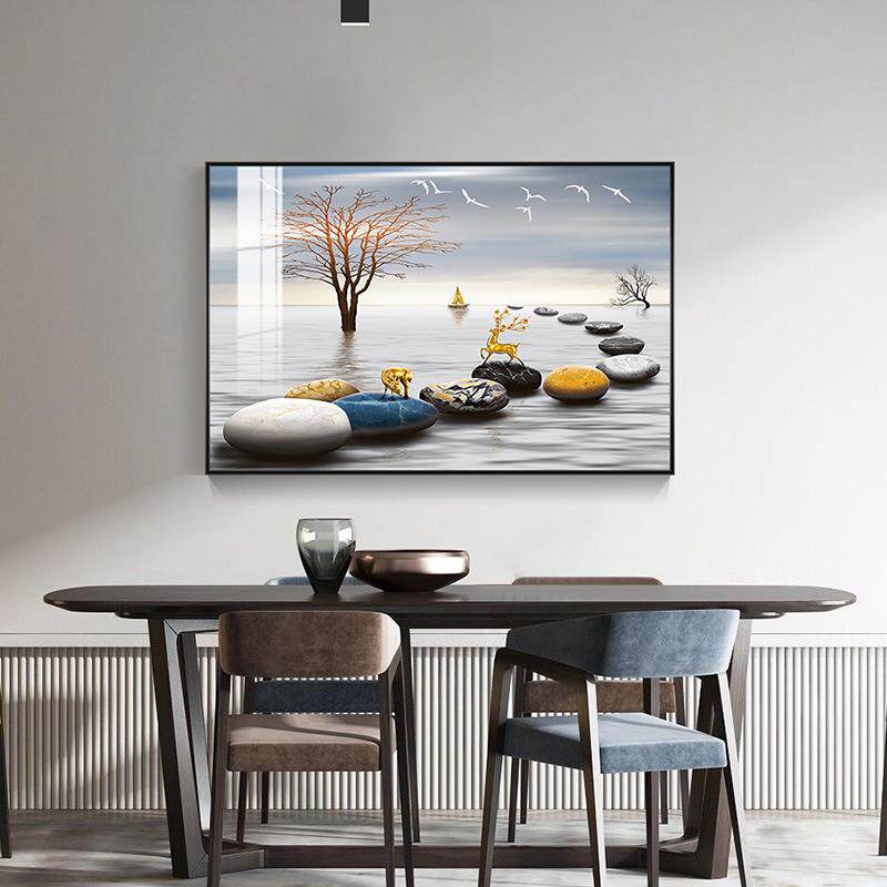 轻奢餐厅装饰画麋鹿色抽DBX20210挂厅象歺厅画现代简约横蓝幅饭餐
