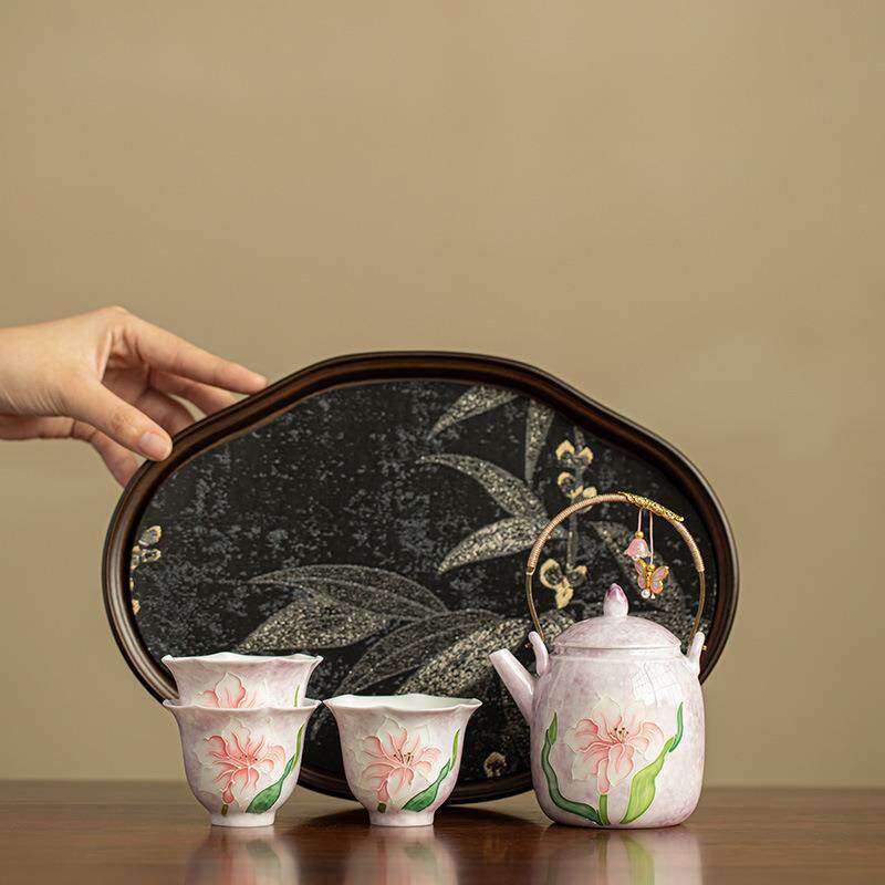 源头手绘堆釉百合茶壶提梁壶茶杯品茗杯茶盘干泡盘陶瓷茶具套装组