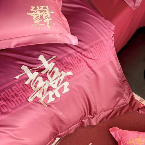 新款轻奢档中式刺绣婚庆四件套结婚红色床被套床上用品三件套