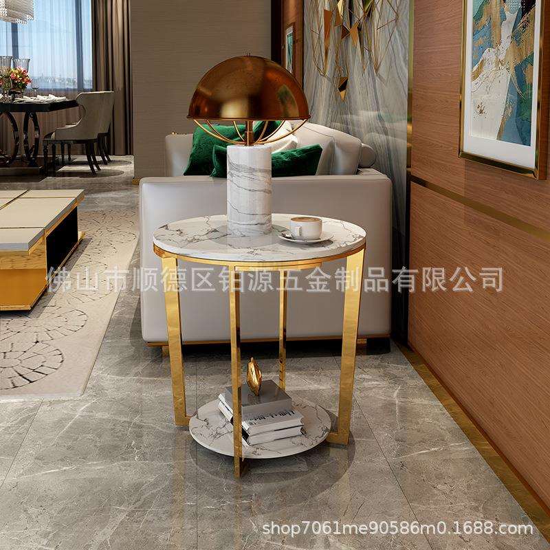 北欧轻奢大理石桌子简约金色小茶几沙发边几镀金不锈钢小户形圆几