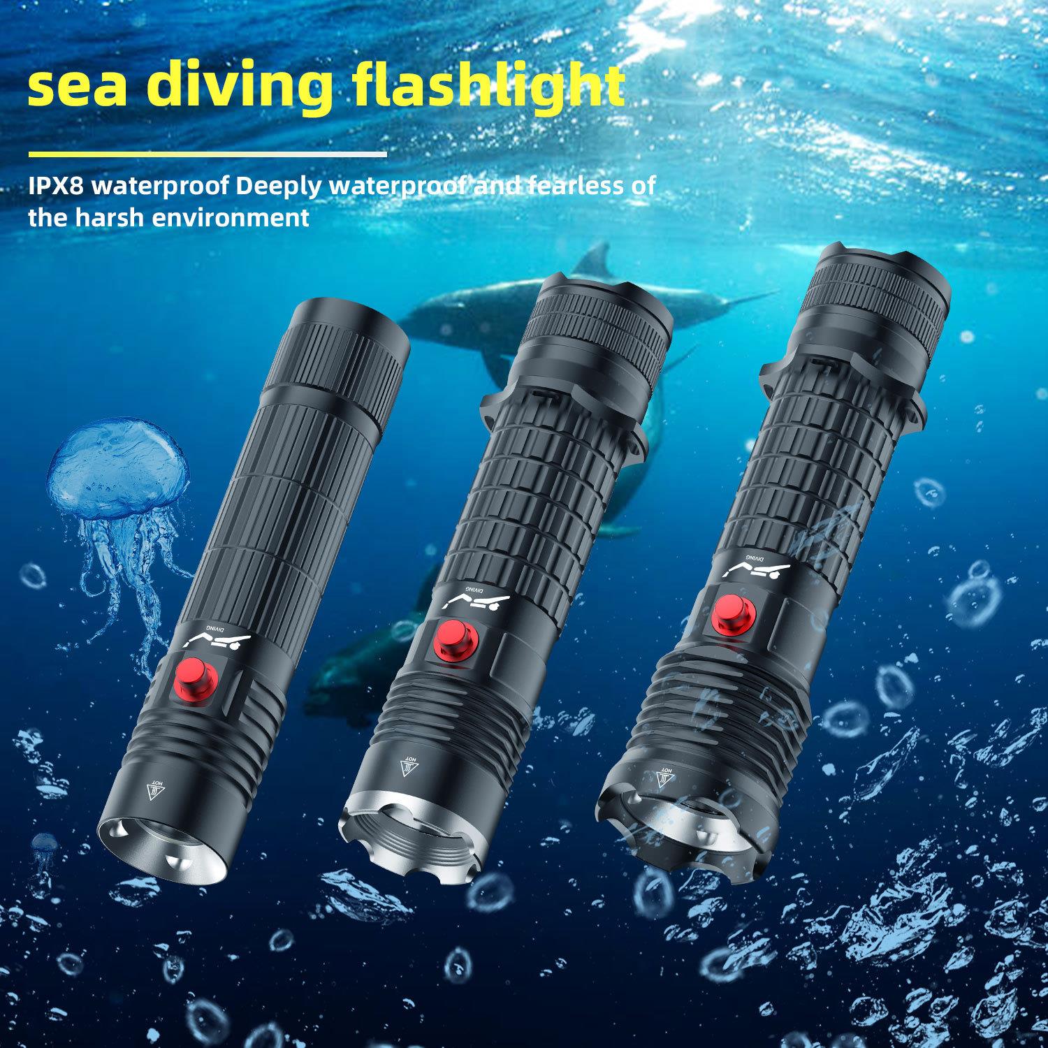 高亮定焦P70潜水电筒IPX8防水P50手电磁控按钮水下作业浮潜水赶海