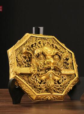 狮咬剑摆件全黄铜牌八卦镜大门窗口风水狮子虎头牌吞口兽瑞兽挂件