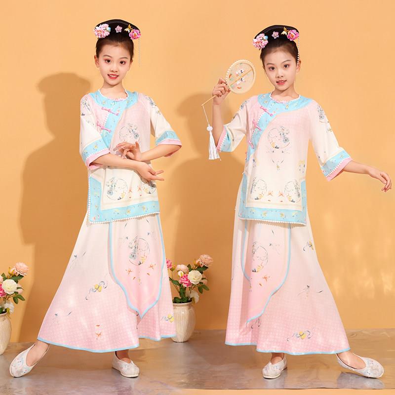 儿童古典舞蹈飘逸满庭芳国风舞蹈服练功服粉色清朝格格演出服