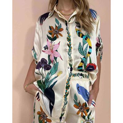 Printed satin short sleeved shirt+pants two-piece set 套装