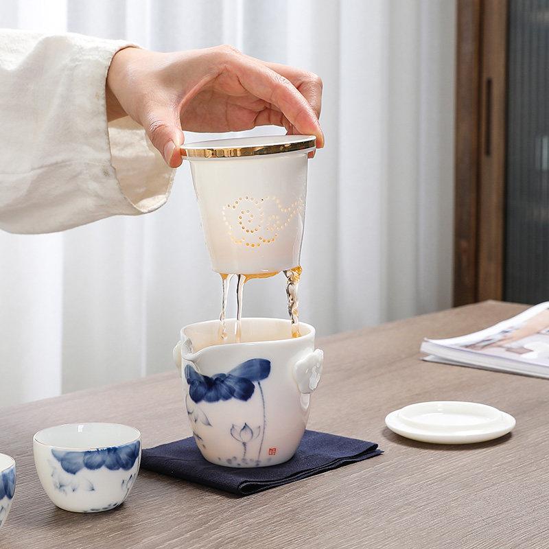 羊脂玉可携式旅行茶具高档快客杯白瓷一壶两杯户外茶具露营收纳包