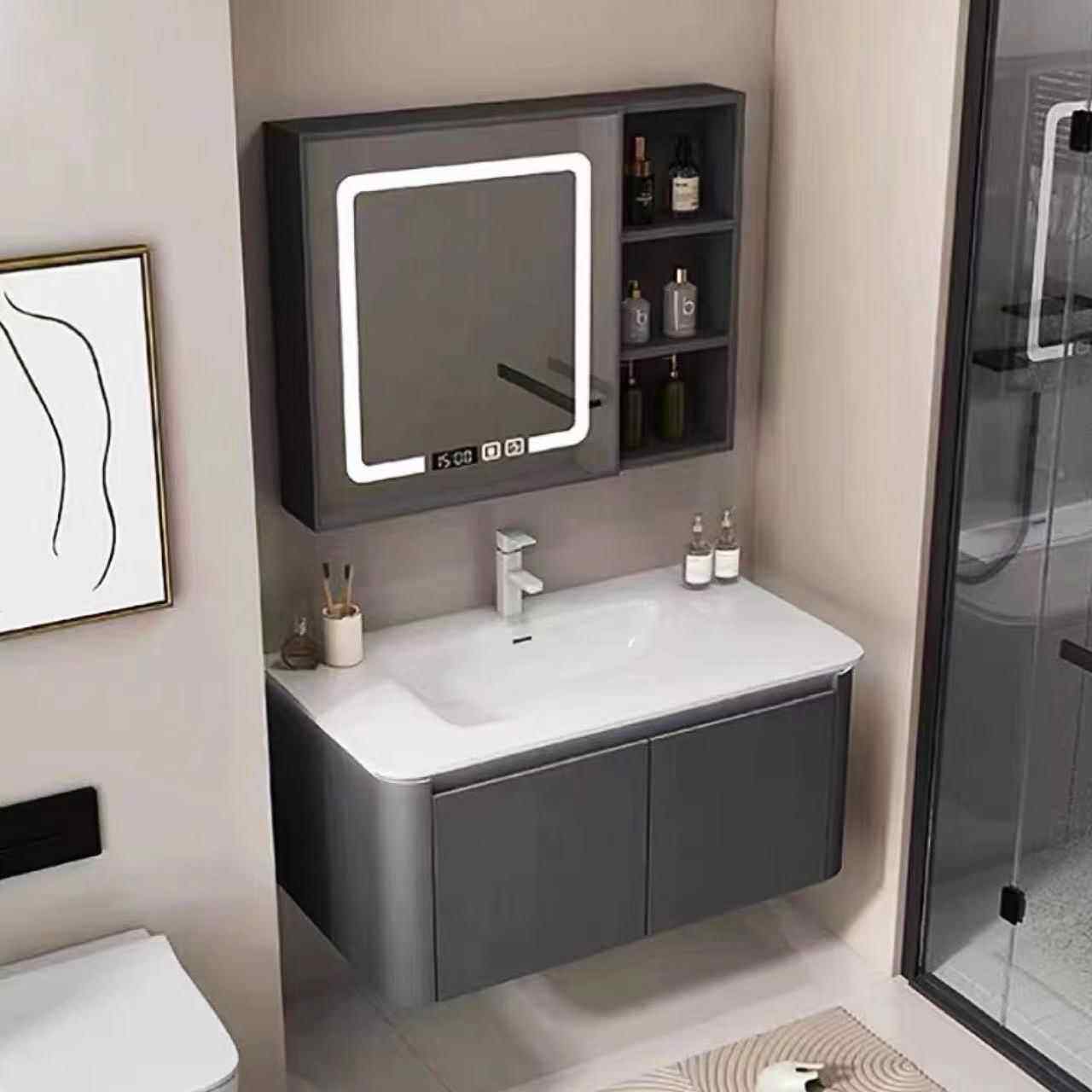 加厚太空铝合金浴室柜组合洗脸盆卫生间洗漱台陶瓷一体洗手盆圆角