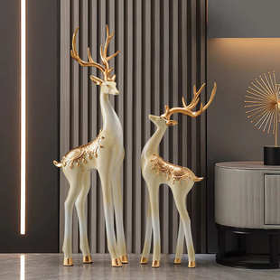 新中式轻奢艺术鹿摆件福禄双全入户玄关壁龛高级装饰客厅电视酒柜