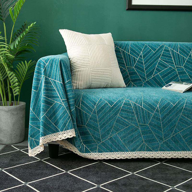 加厚雪尼尔提花沙发巾盖巾四季用几何碎片蕾丝花边全盖沙发巾