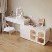 实木梳妆台法式 奶油风现代简约家用卧室伸缩边柜一体多功能收纳柜