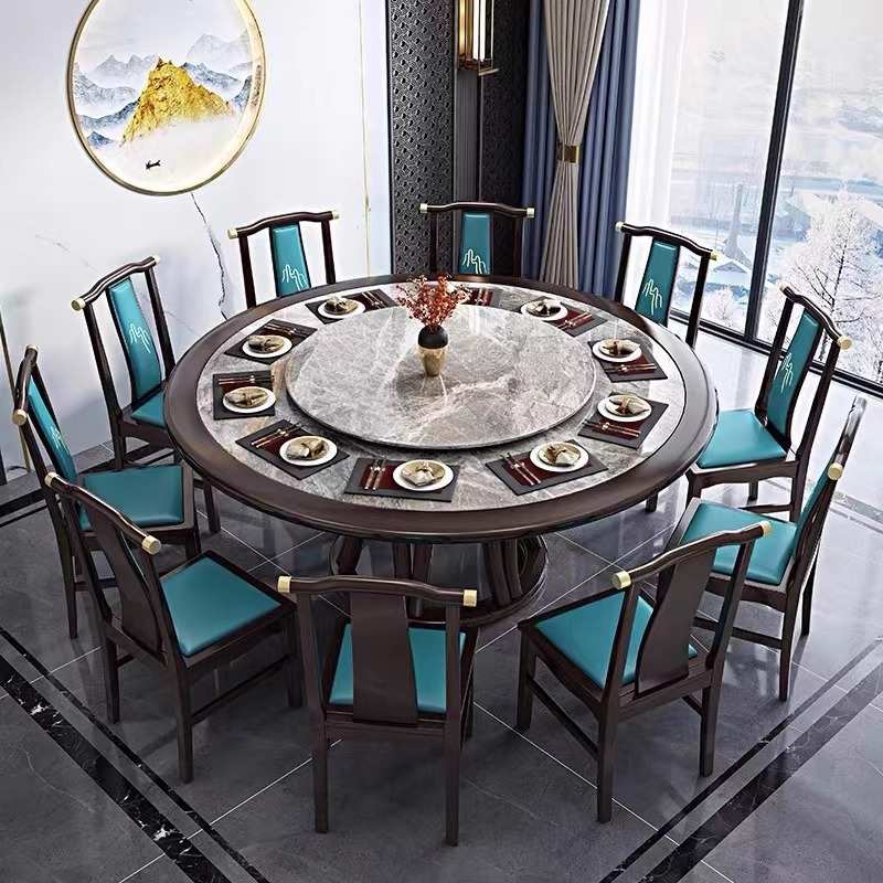 新中式实木餐桌酒店岩板圆形会所包厢酒店电动12人家用2米大圆桌