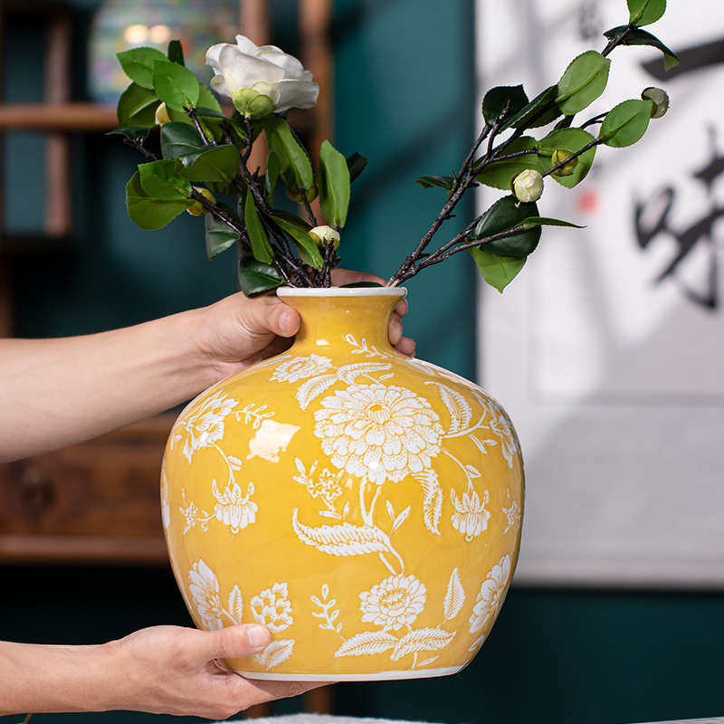 黄色石榴花瓶半手工彩绘釉下彩高温陶瓷装饰摆件玄关酒柜书柜桌面,家居饰品,花瓶,淘宝优惠券,粉丝福利购,淘宝优惠卷