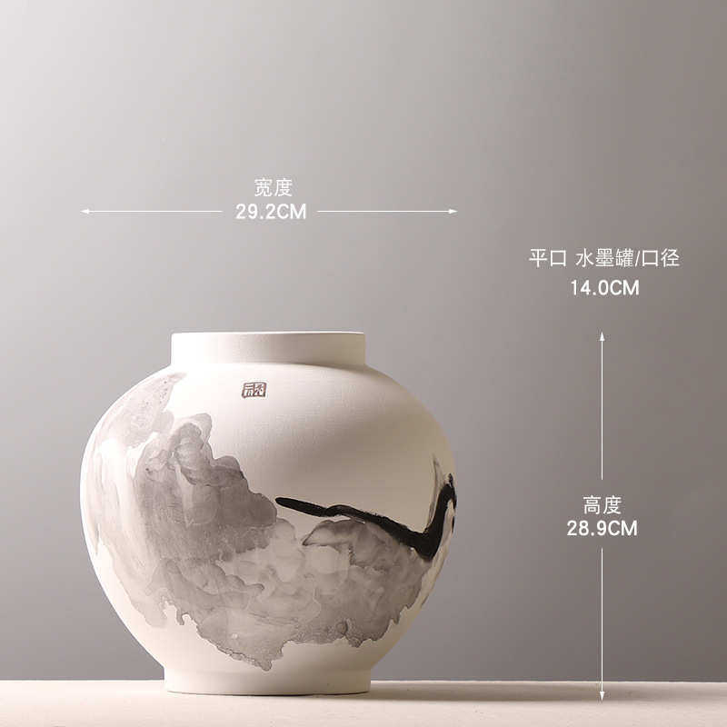 罐子装饰创意手绘插花书剑书房样板房中式罐水墨磨砂陶瓷摆件锦鲤